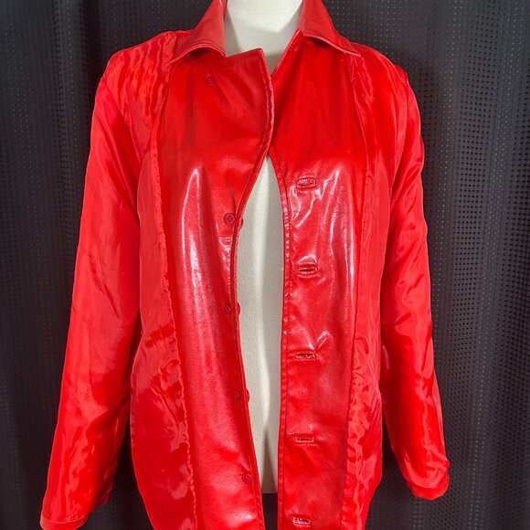 Vintage 90s Y2K Does 60s Womans Red Vinyl Jacket Lined Pockets Mod Go Go - Picture 11 of 16